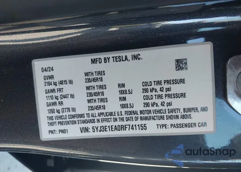 2024 Tesla Model 3 Long Range Dual Motor All-Wheel Drive/Rear-Wheel Drive from USA, damaged, VIN 5YJ3E1EA0RF741155